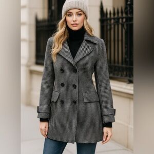 Halogen Classic Black and White Checkered Pea Coat